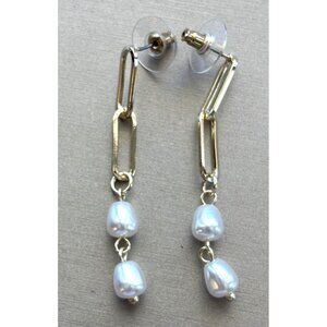 Gold-Tone Drop Earrings With Dangling Faux Pearls & Paperclip Design